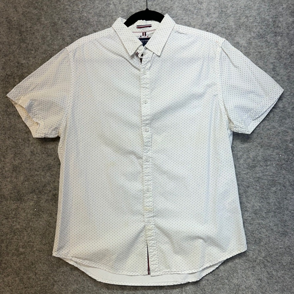 Denim & Flower Button Down Shirt Mens Large White Polka Dot Good Slim Fit Cotton